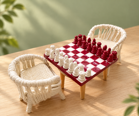 Miniature Chess Set with Handmade Wicker Chairs
